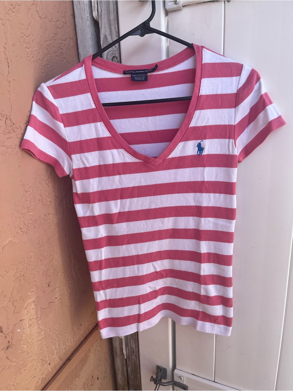 Ralph Lauren Pink & White Striped V-Neck Tee Preppy Coastal Sz S